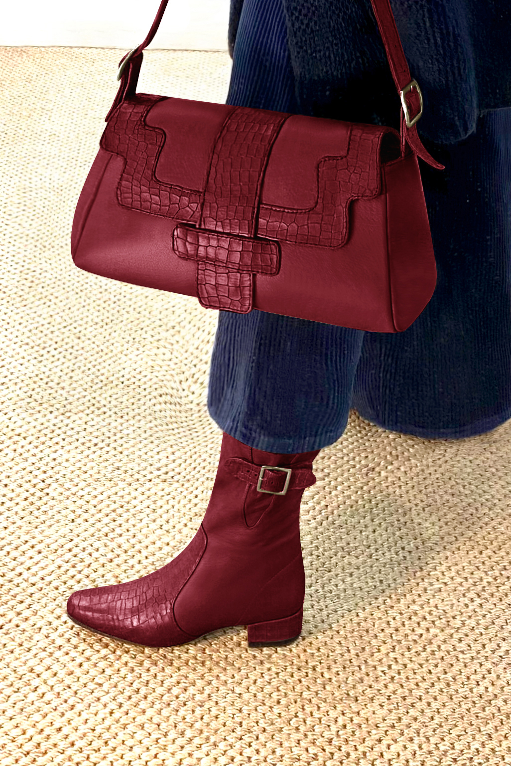 Burgundy red women's ankle boots with buckles on the sides. Round toe. Low block heels. Top view - Florence KOOIJMAN